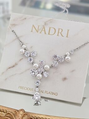 Nadri Floral Cubic Zirconia & Faux Pearl Pendant Necklace & Stud Earrings Set